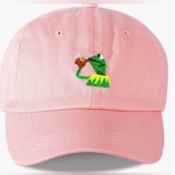 Kermit the Frog Sipping Tea Women's Pink Baseball Hat Adjustable Strap Back OS - Picture 10 of 10